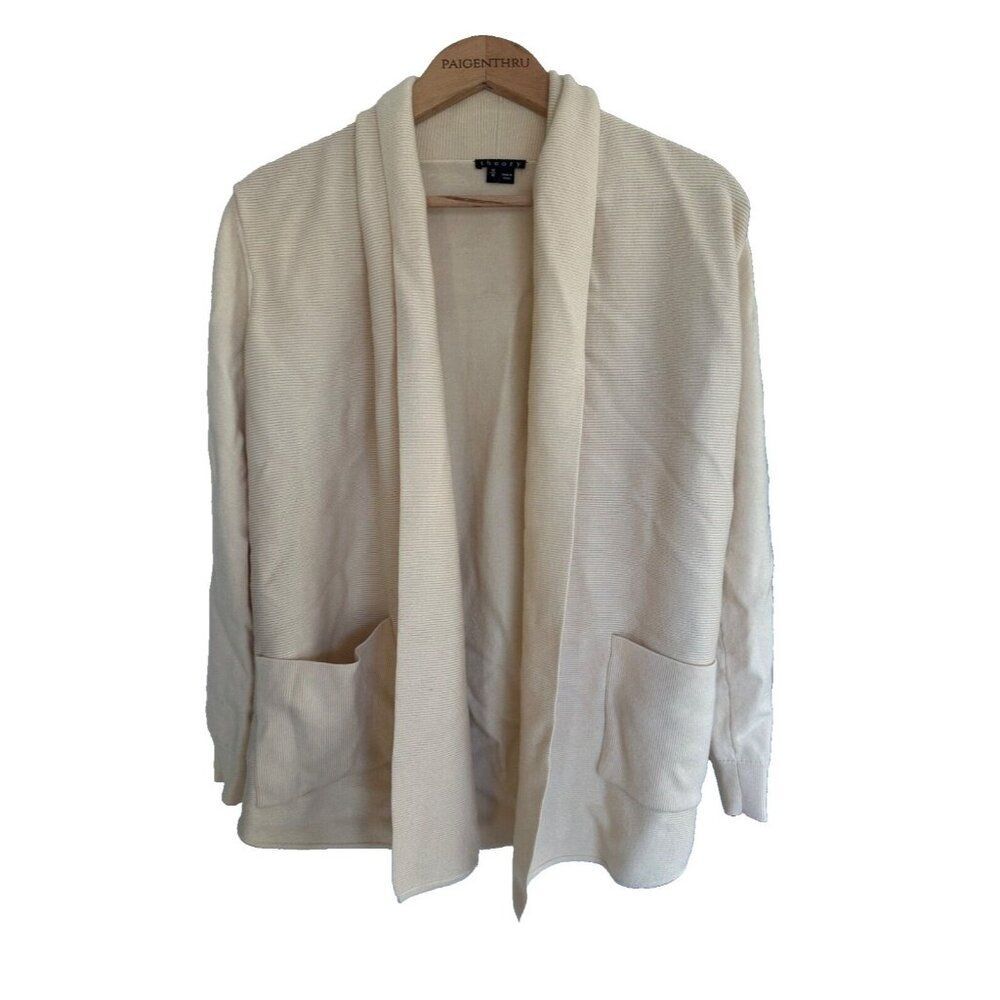Theory Women's Wool Cream Open Cardigan Pockets Medium Lagenlook Minimalist